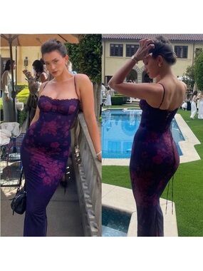 House of CB Aiza Purple Floral Lace-Trim Maxi Dress